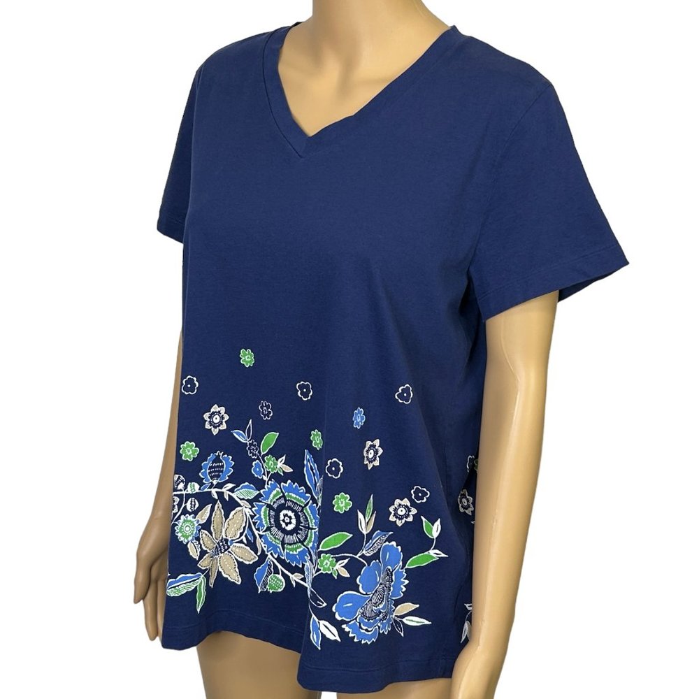 White Stag Womens L (12-14)‎ Blue Floral Short Sleeve V-Neck Blouse Shirt - Picture 5 of 10